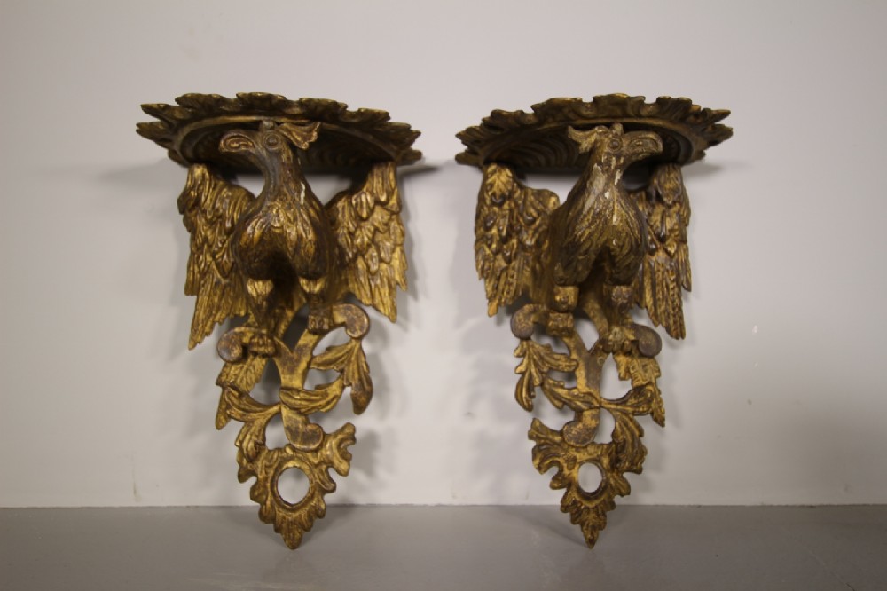 Pair of 19th Century Antique Carved Eagle Wall Brackets in Original Gilt