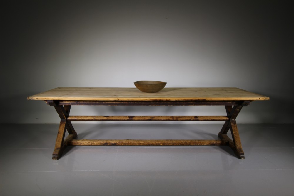Large English 19th Century Antique Pine X Frame Dining Table