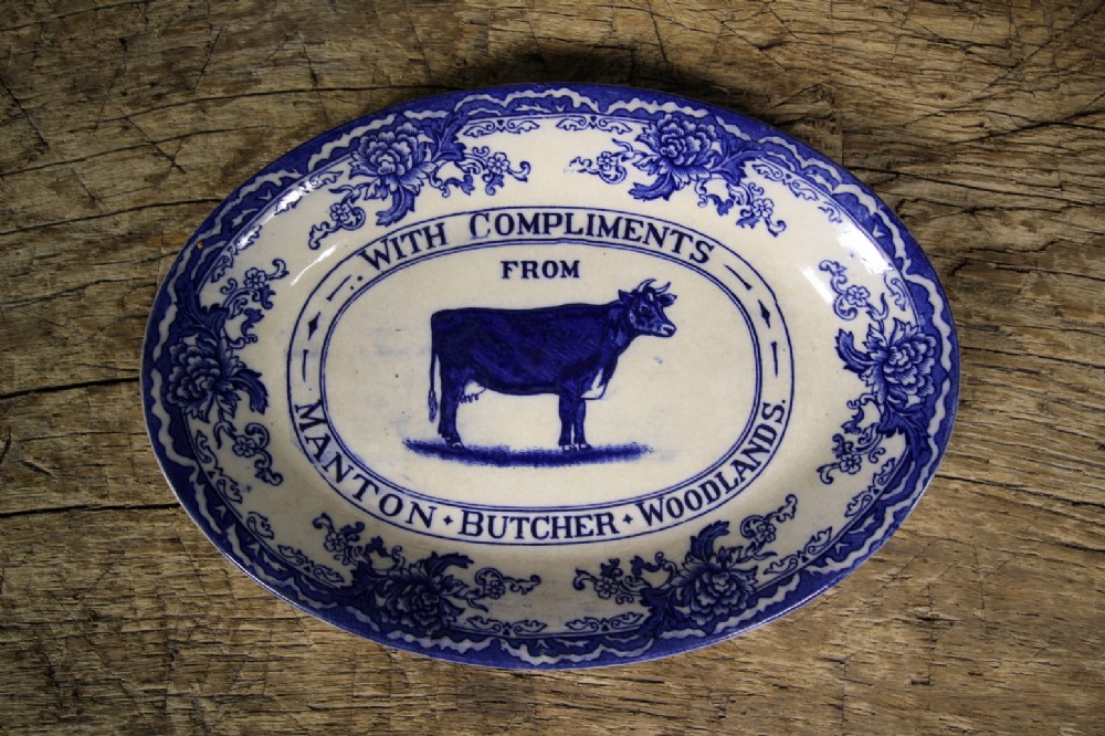 Rare English 19th Century Blue & White Pottery Butchers Advertising Platter