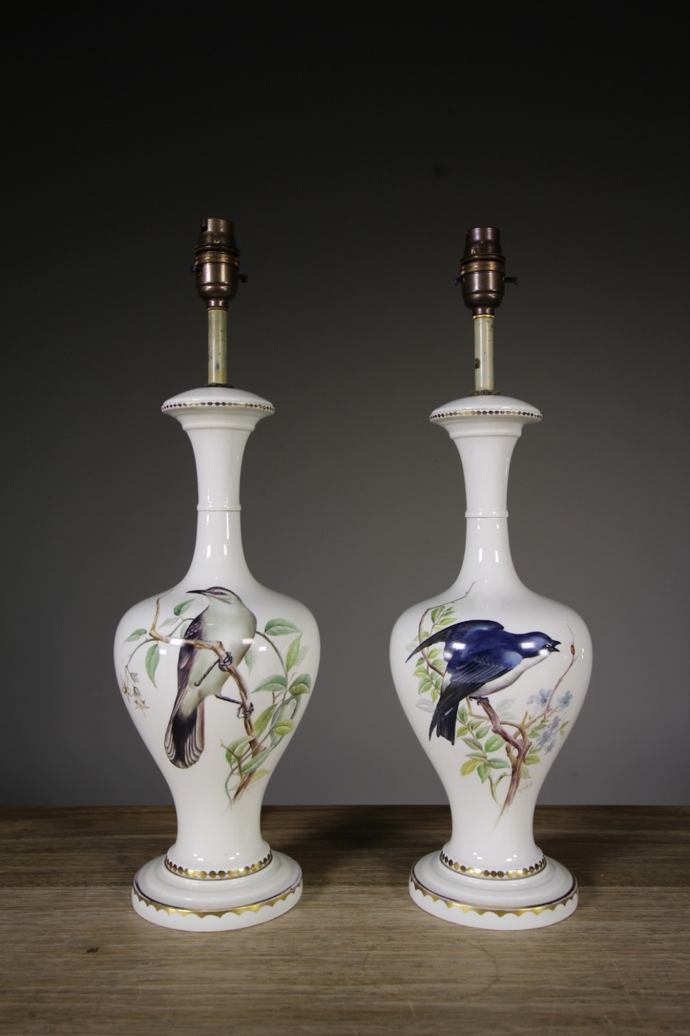 Pair of Edwardian Antique Porcelain Table Lamps Painted by W.Nicholls
