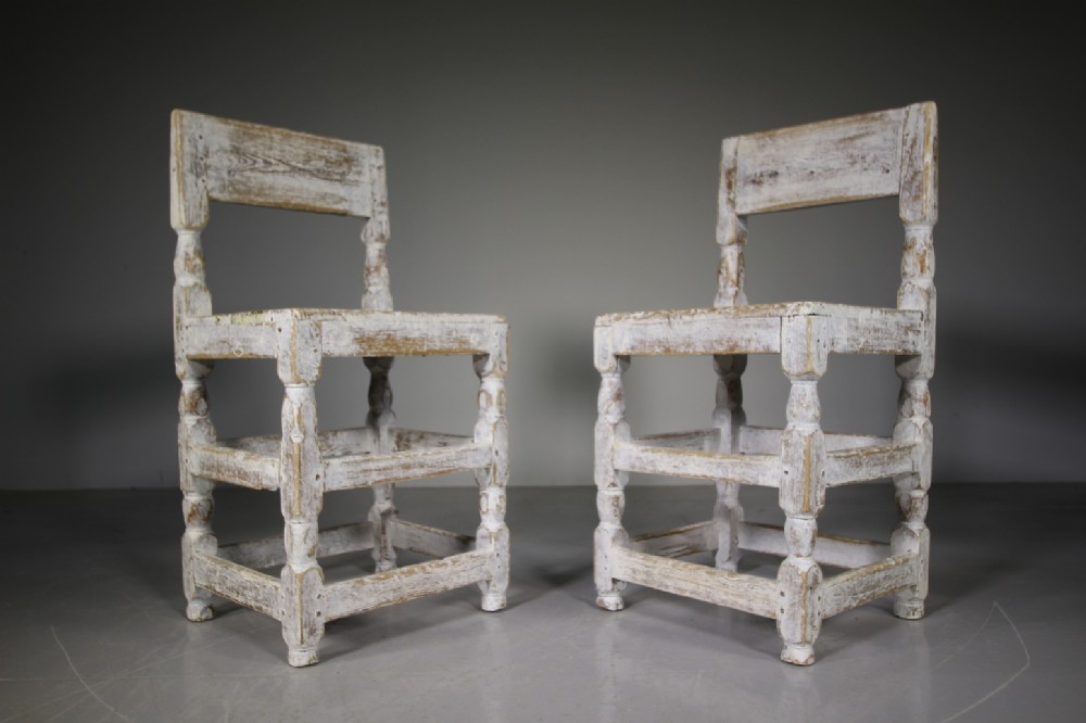 Pair of 18th Century Antique Pine Back Stool Chairs