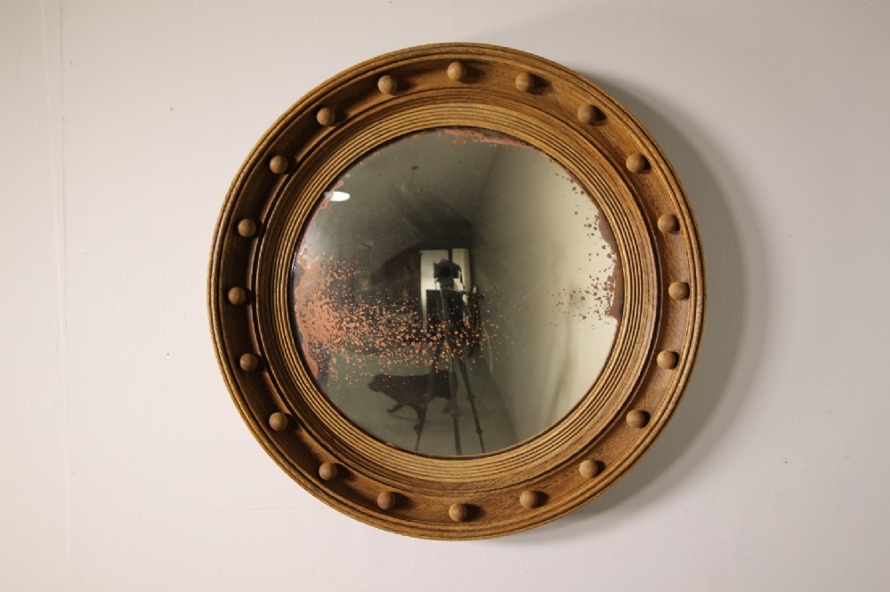 Large English 19th Century Antique Oak Convex Mirror