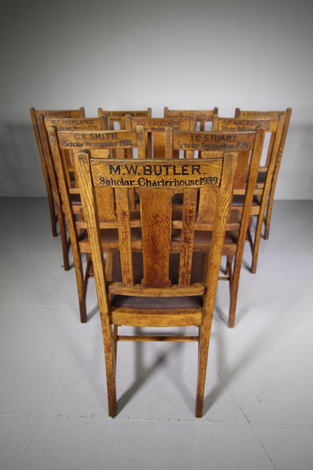 Set of Twelve 1930’s Oak Scholars Dining Chairs