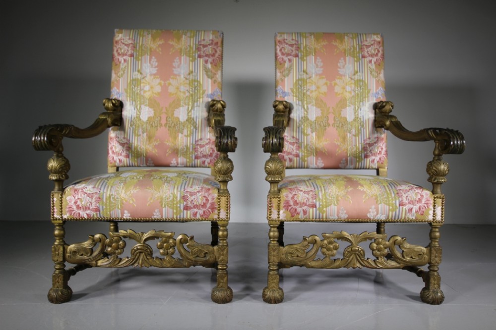 Pair of Large Carved Gilt & Upholstered 19th Century Antique Armchairs