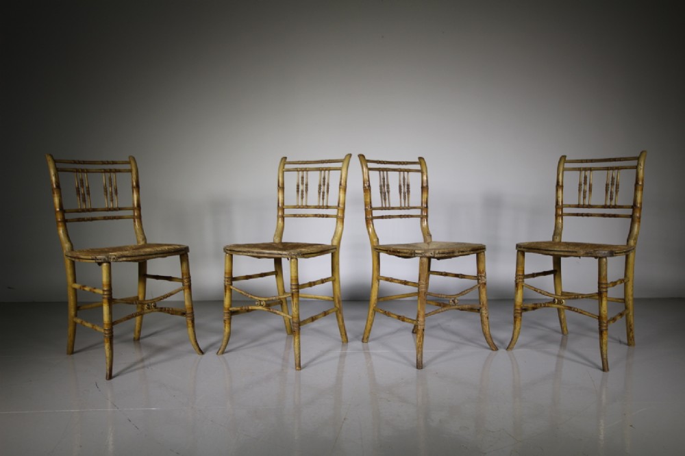 Set of Four English Regency Antique Simulated Bamboo Chairs in Paint