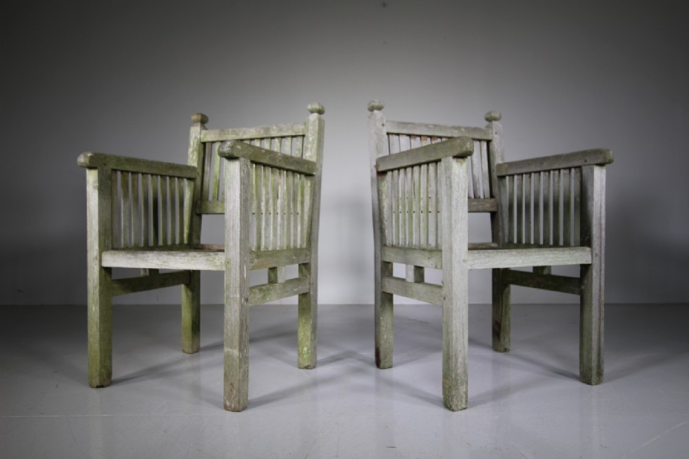 Pair of Heals Antique Teak Garden Armchairs