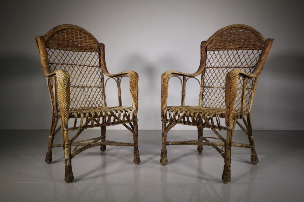 Pair of Edwardian English Antique Wicker Garden Armchairs