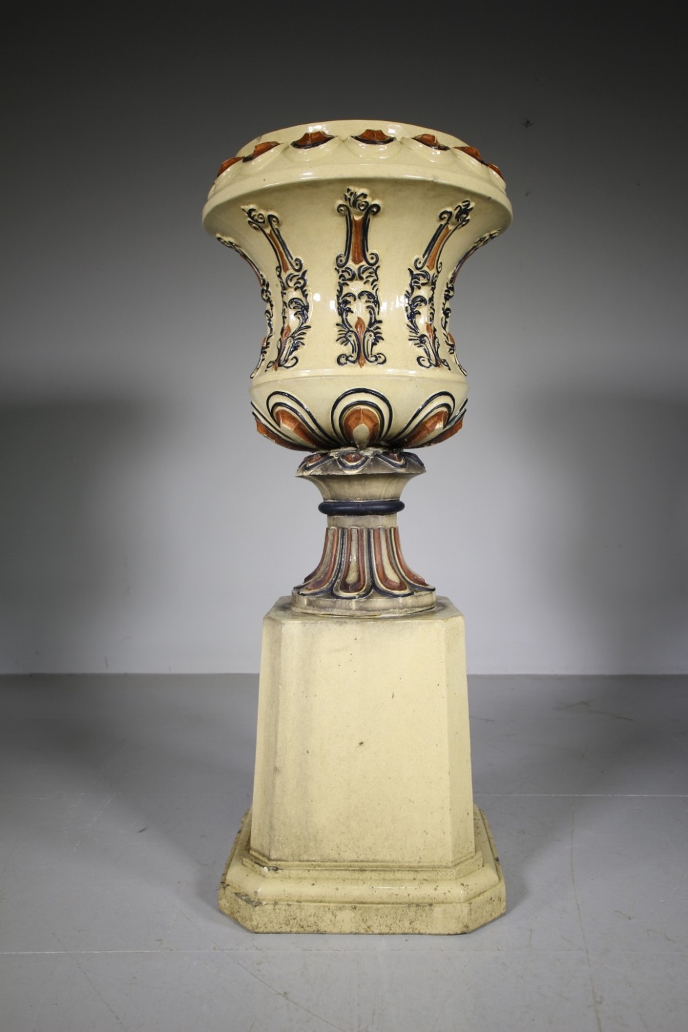 Tall 19th Century Antique Glazed Terracotta Garden Urn on Stand