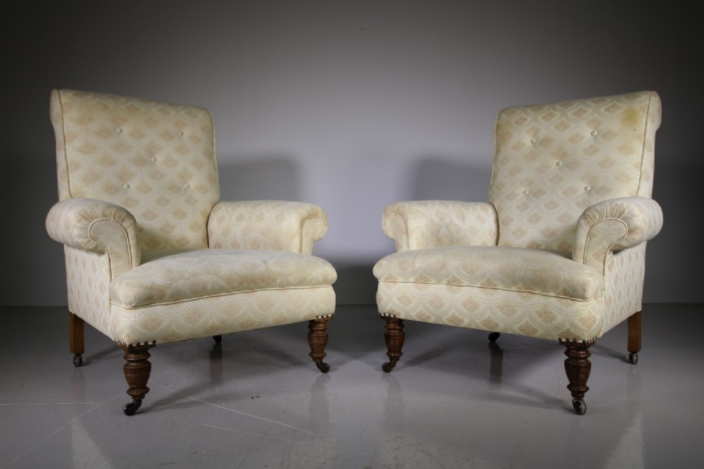 Pair of English 19th Century Antique Upholstered Armchairs