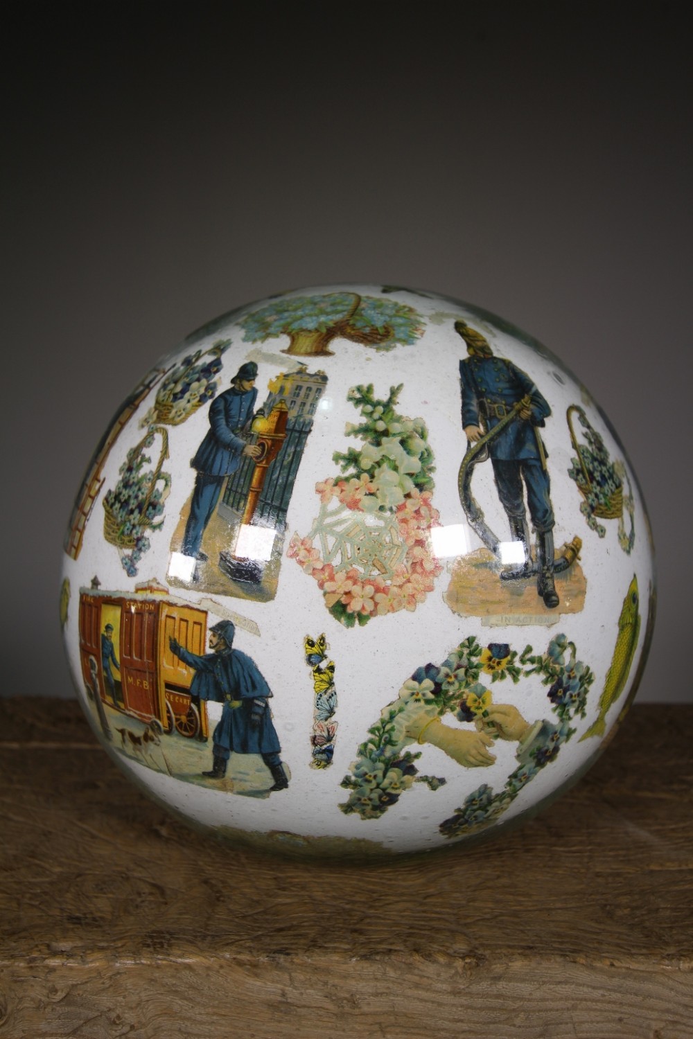 Rare Large 19th Century English Antique Decalcomania Glass Ball – Firemen Related