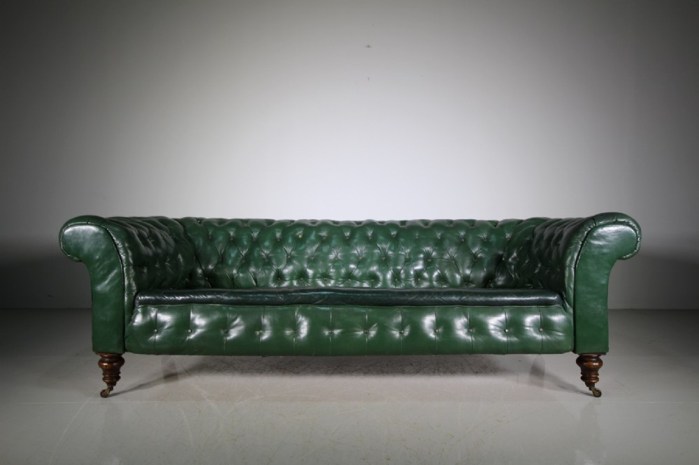 Wonderful English 19th Century Large Antique Green Leather Chesterfield Sofa