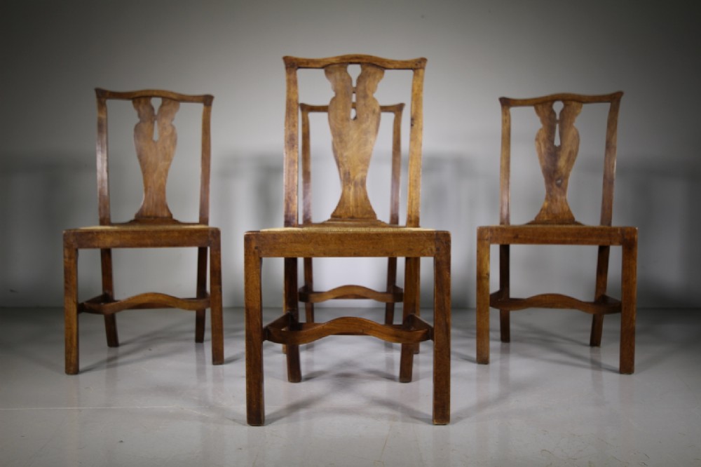 Very Unusual Set of Four 18th Century Antique Fruit Wood Dining Chairs