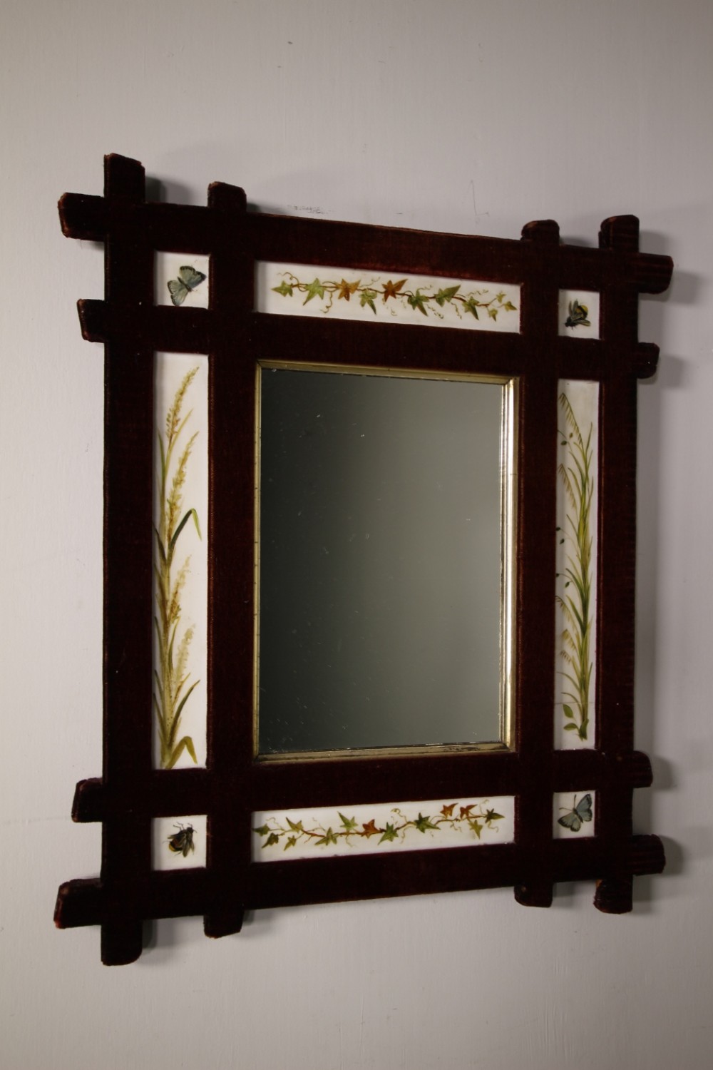English Arts & Crafts Antique Velvet & Painted Wall Mirror