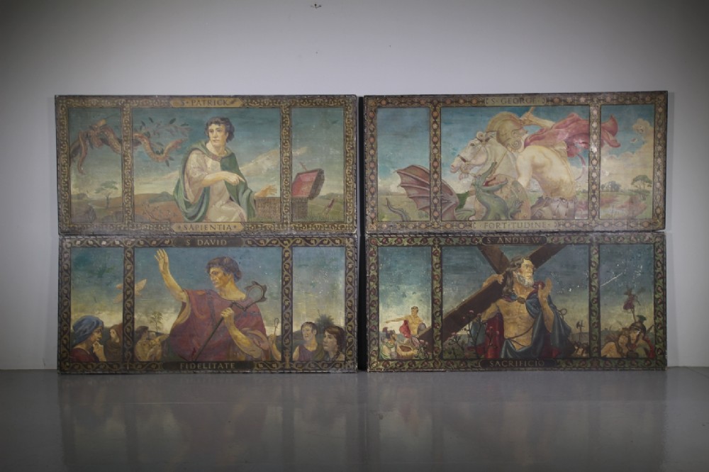 Wonderful Set of Four Antique Painting on Mahogany Boards