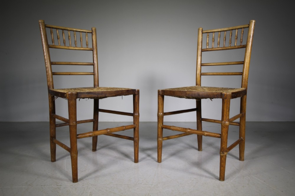 Pair of English Regency Antique Country Chairs in Simulated Bamboo