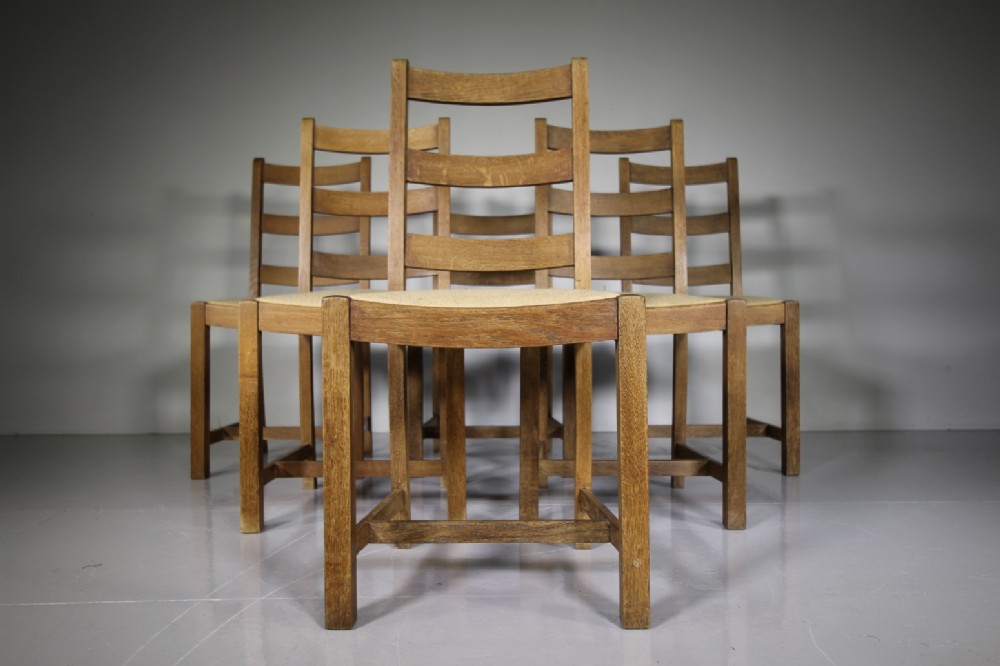 Set of Six Heals Antique Oak Ladderback Dining Chairs – Labelled