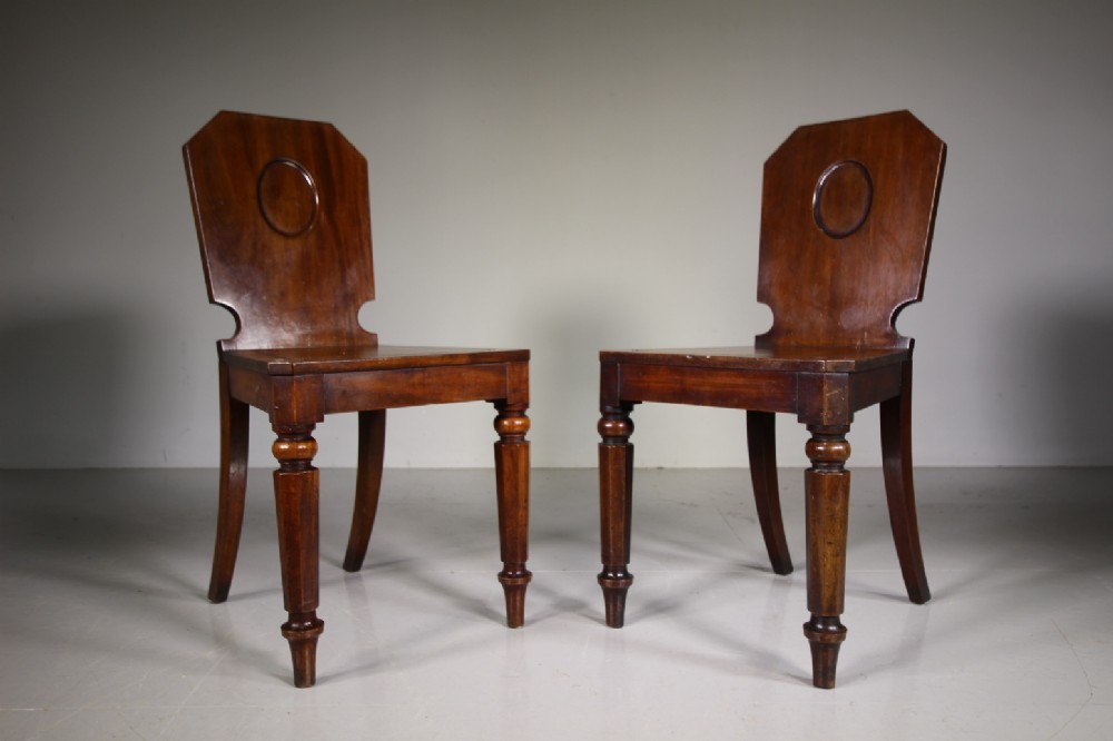 Pair of English William IV Antique Mahogany Hall Chairs