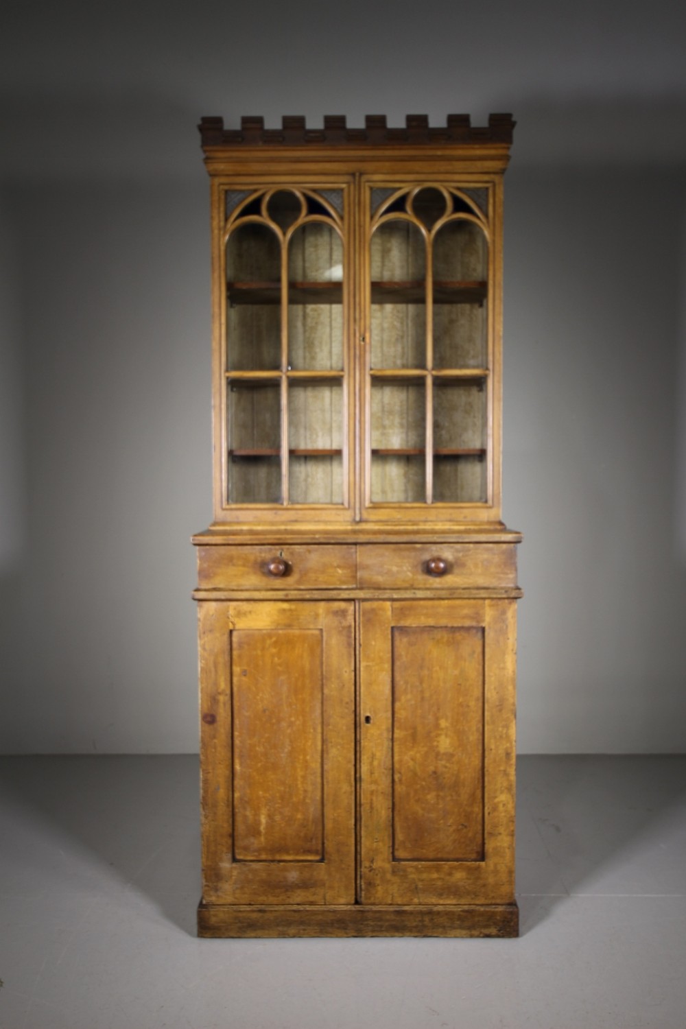 English 19th Century Antique Castellated Original Painted Pine Bookcase