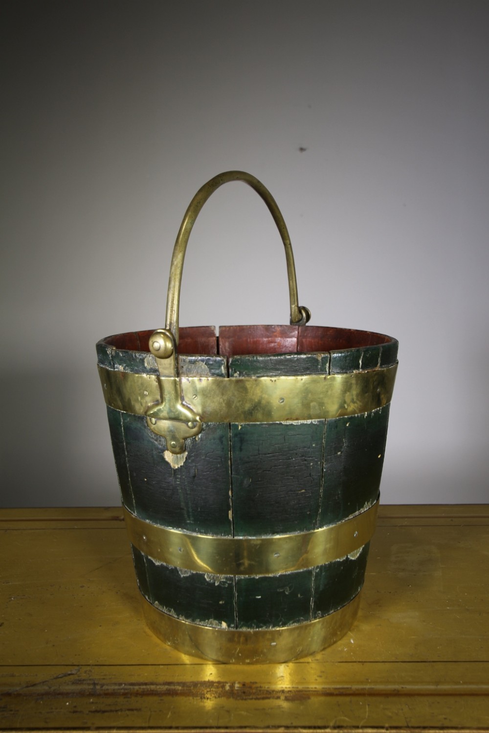 English Antique Oak Peat Bucket in the Original Green Paint