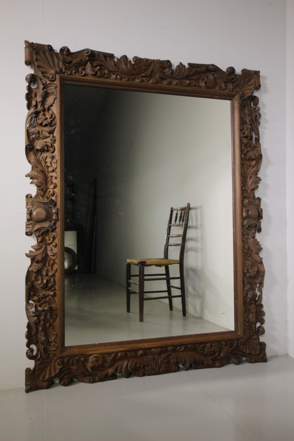 Large English 19th Century Hand Craved Oak Wall Mirror