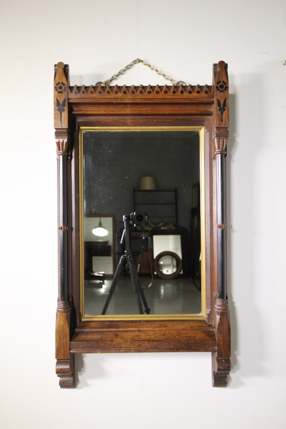 Large Inlaid English Arts & Crafts Antique Oak Mirror 
