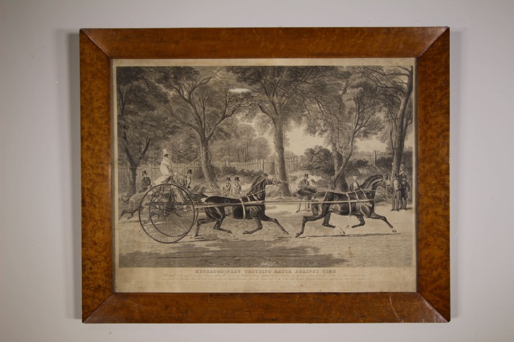 Large 19th Century Horse Trotting Race Print in Maple Frame 