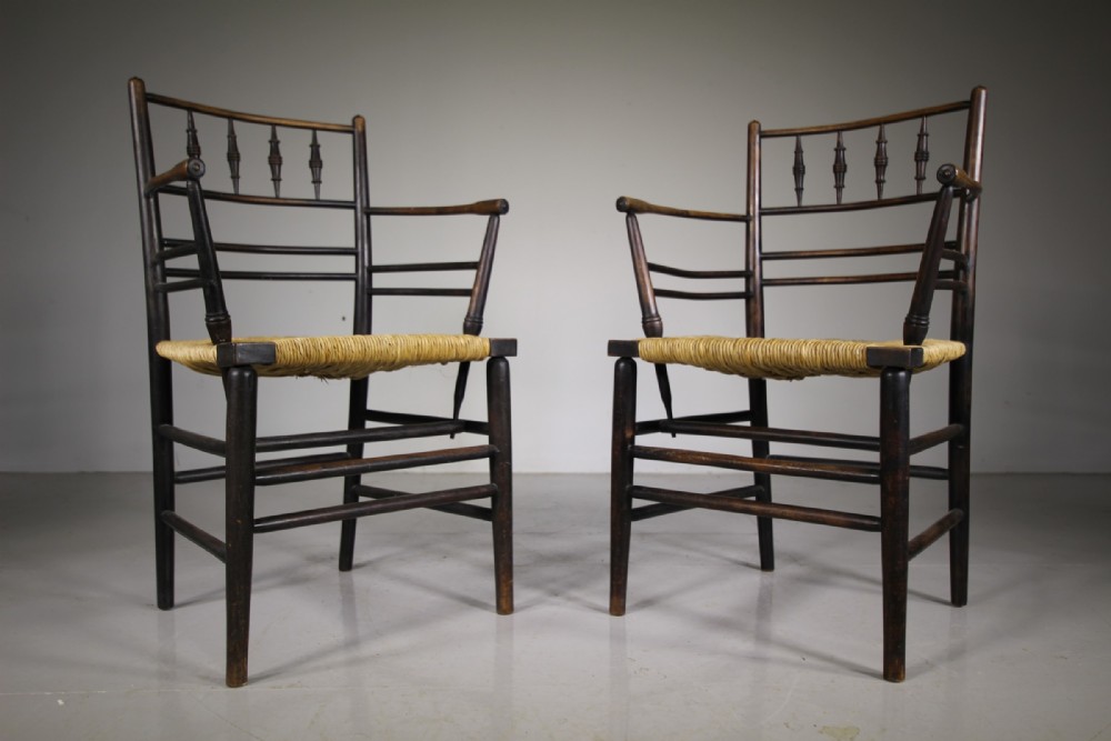 A Rare True Pair 19th Century Antique Sussex Chairs by William Morris