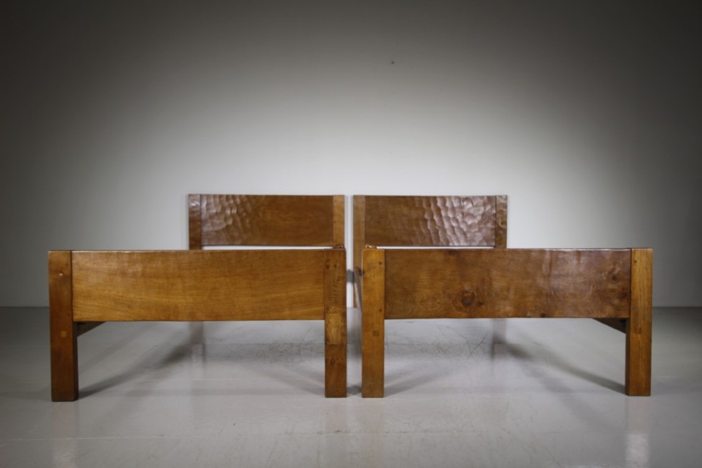 Early Pair of Mouseman 1930's Oak Large Single Beds 
