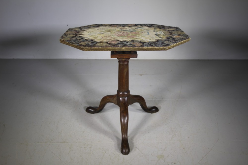 Beautiful 18th Century Antique Tripod Table with Original Needlework Top