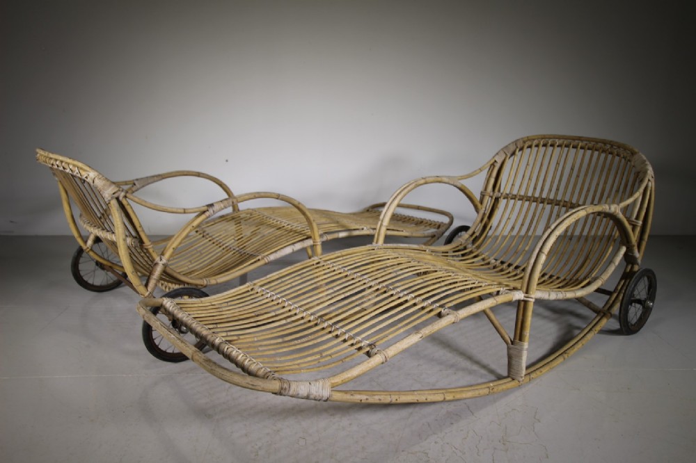 Rare Pair of English 1920’s Dryad Wicker Sun Loungers on Wheels