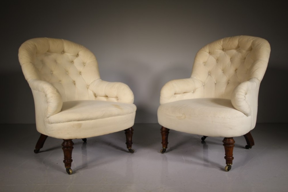 Pair of English 19th Century Antique Upholstered Armchairs 