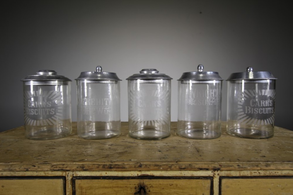 Collection of Five Edwardian Antique Glass Advertising Biscuit Jars