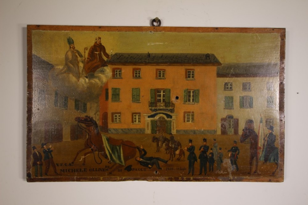 19th Century Antique Primitive Votive Painting on Walnut Panel