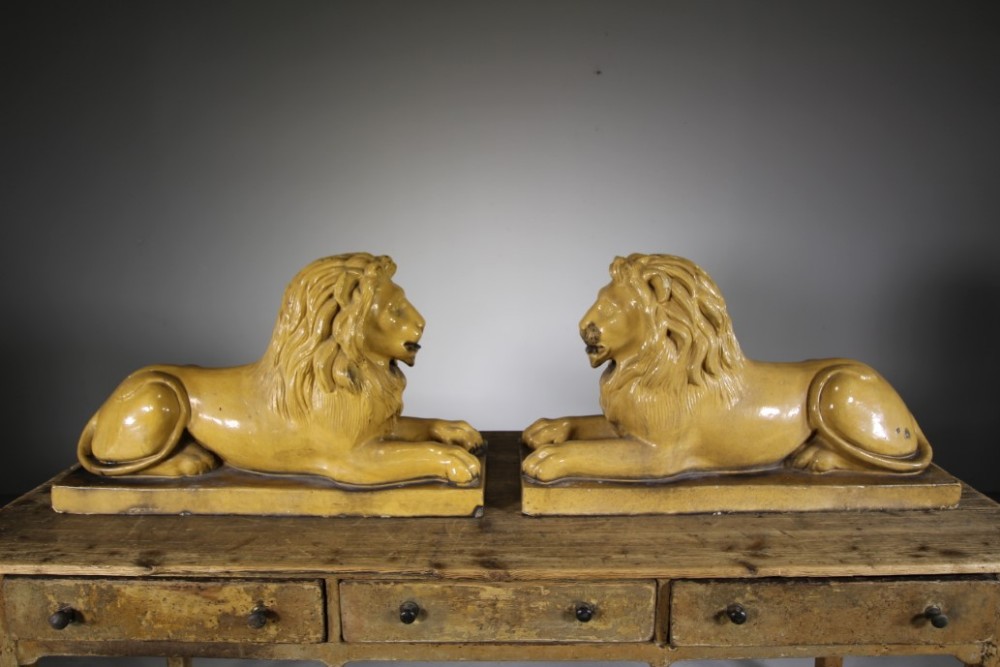 

Amazing Large True Pair of English 19th Century Antique Glazed Lions – Stamped