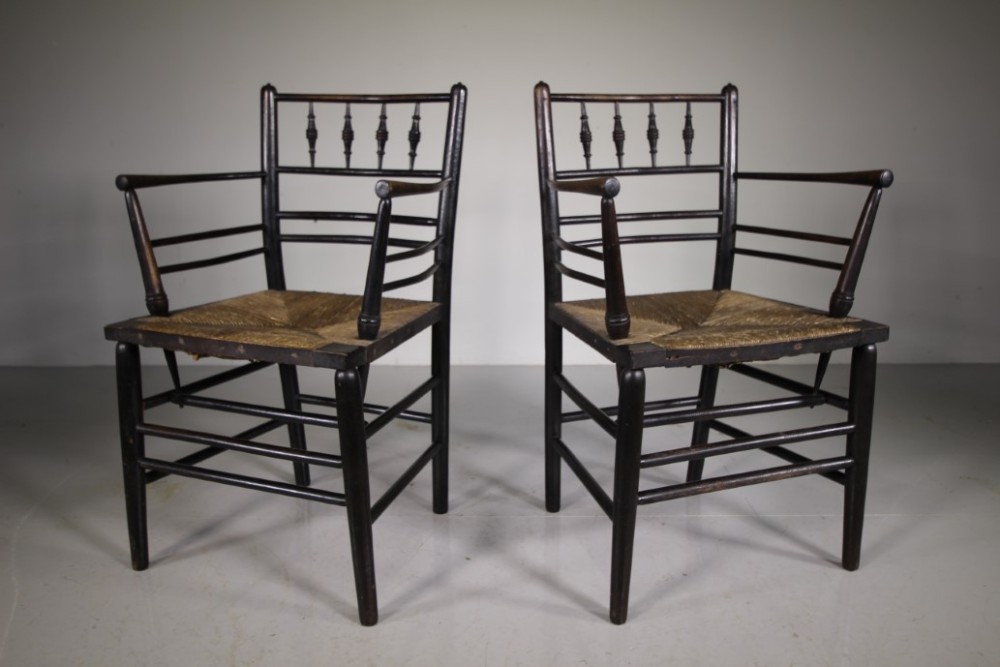 A Rare True Pair 19th Century Antique Sussex Chairs by William Morris