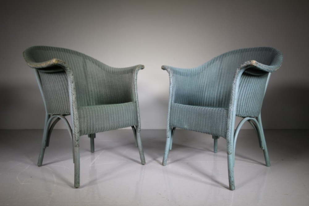 Pair of English 1940’s Blue Lloyd Loom Armchairs