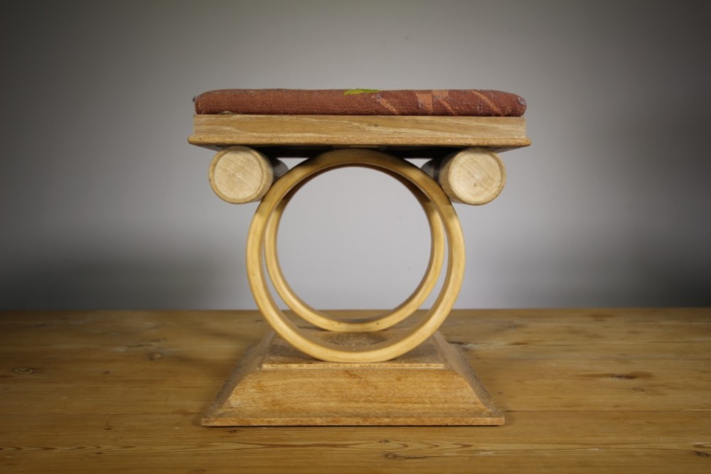 English Art Deco Antique Oak Upholstered Stool