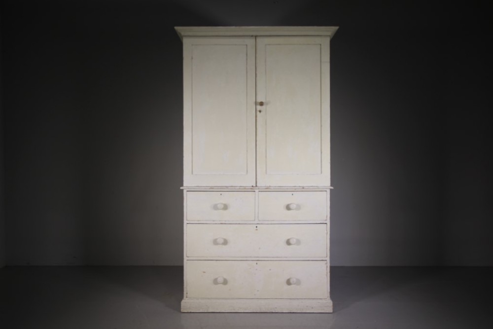 English Original Antique Painted Pine Linen Press Cupboard