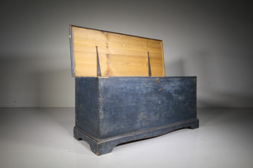 English 18th Century Antique Original Blue Painted Pine Coffer
