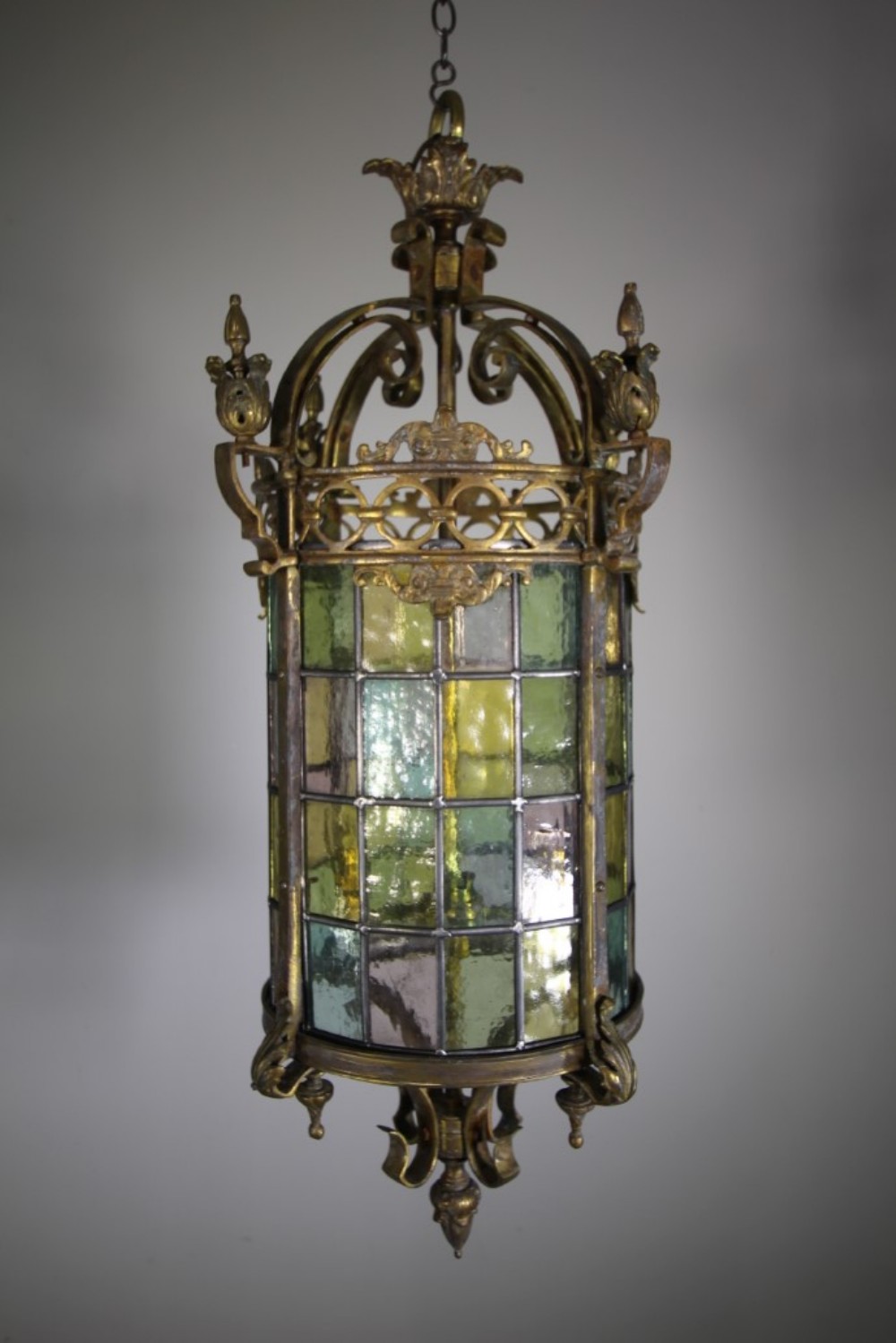 Massive English Antique Cast Brass & Glass Hanging Lantern