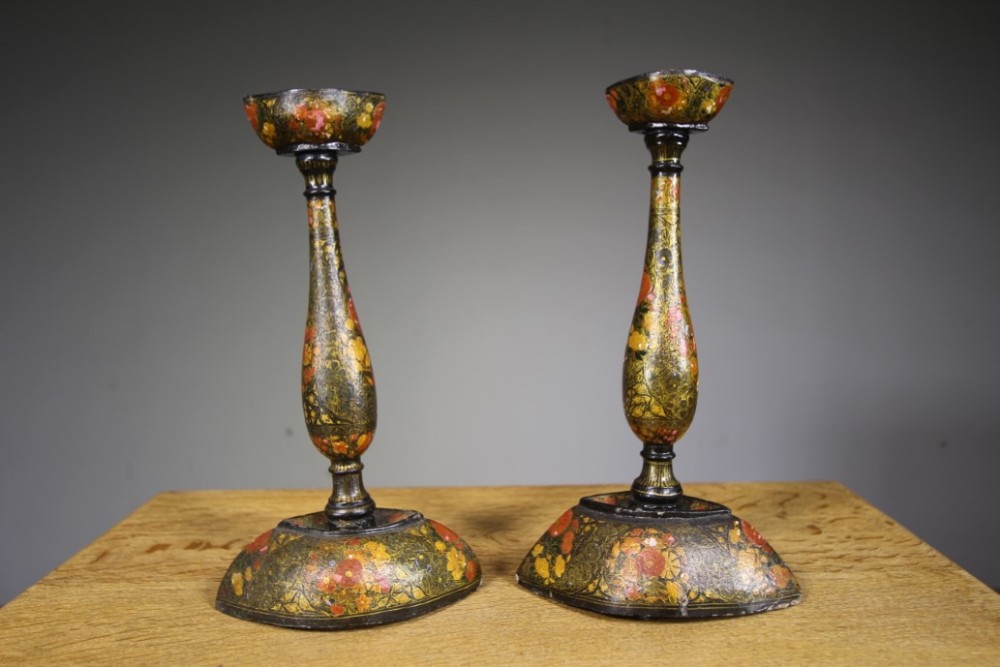Unusual Pair of Antique Kashmiri Oval Shaped Candlesticks