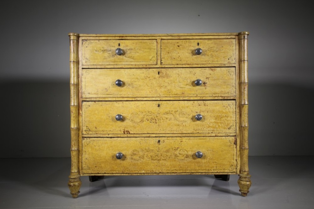 Regency Original Painted Pine & Simulated Bamboo Antique Chest of Drawers