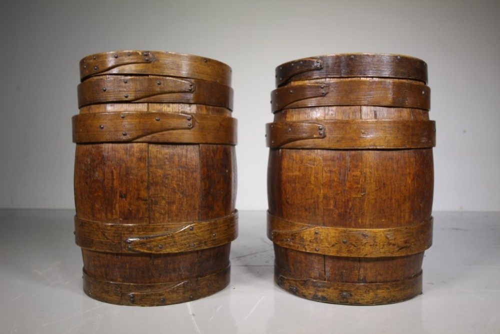 Pair Large Antique Coopered Oak Barrels with Lids
