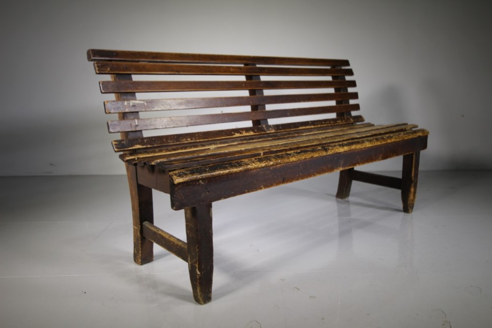 English 19th Century Billiard Room Antique Slatted Pine Bench