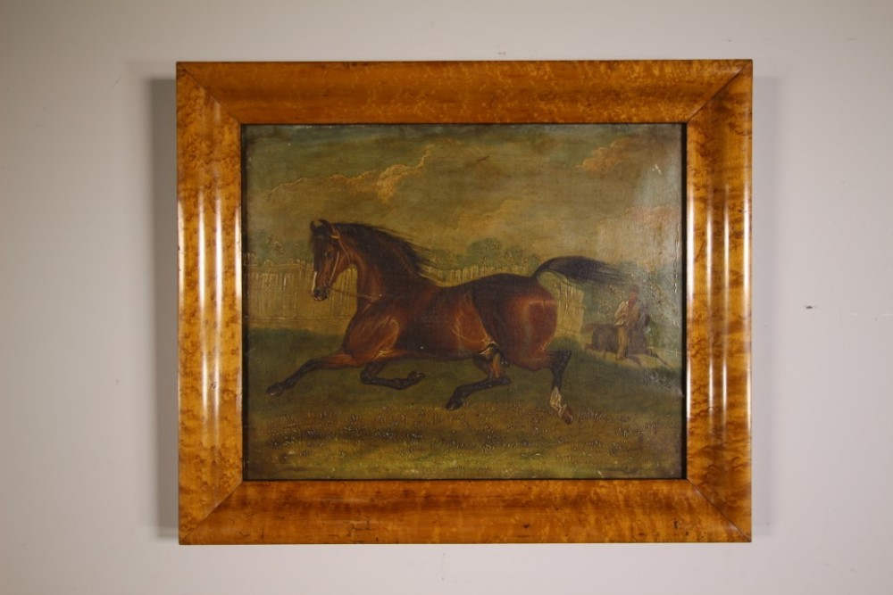 Lovely English 19th Century Antique Horse Oil Painting in Maple Frame