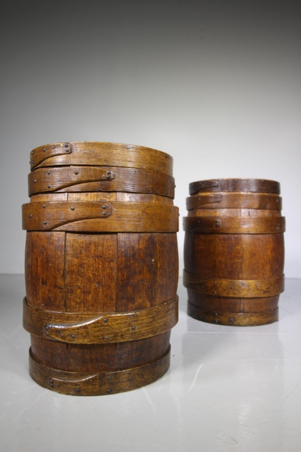 Pair Large Antique Coopered Oak Barrels with Lids