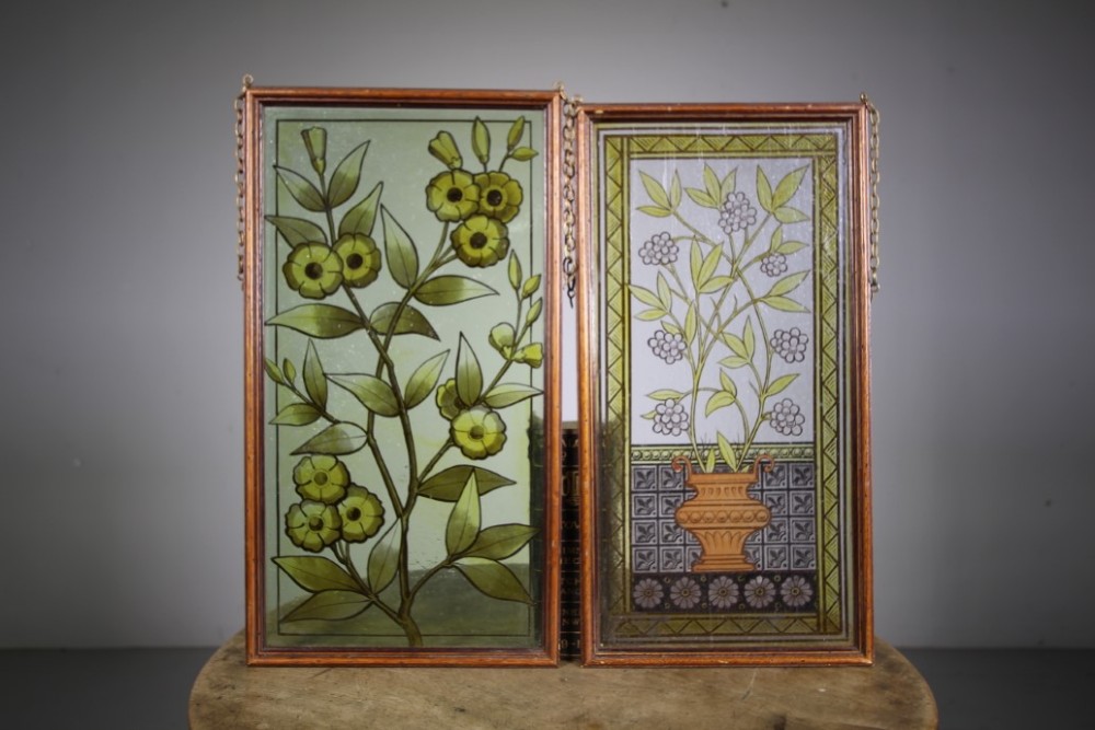 
Pair of Antique Arts & Crafts Hand Painted Glass Panels