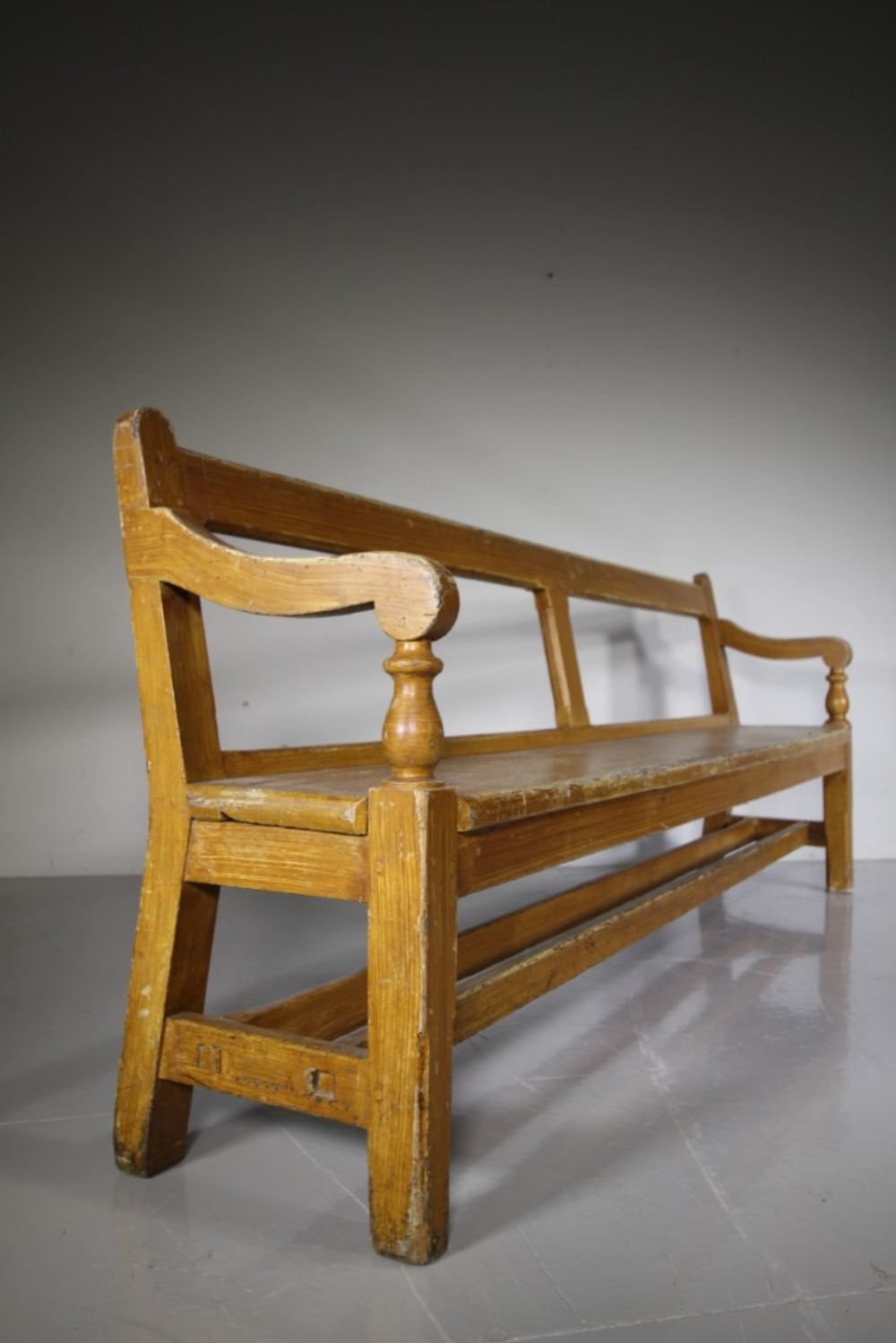 Large English Original Painted Pine Antique Railway Bench 