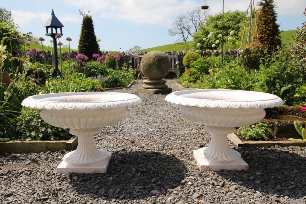 Large Pair of English 19th Century Antique Cast Iron Garden Urns