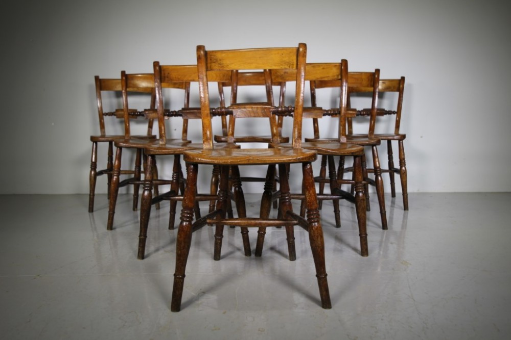 True Set of Eight Antique Scroll Back Windsor Dining Chairs